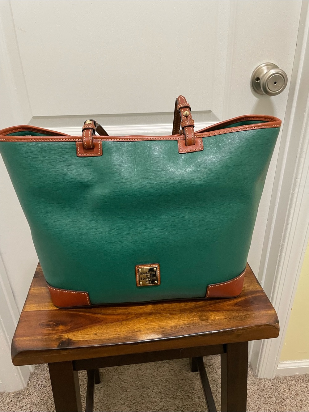 Dooney & Bourke Green Leather Tote with Brown Trim